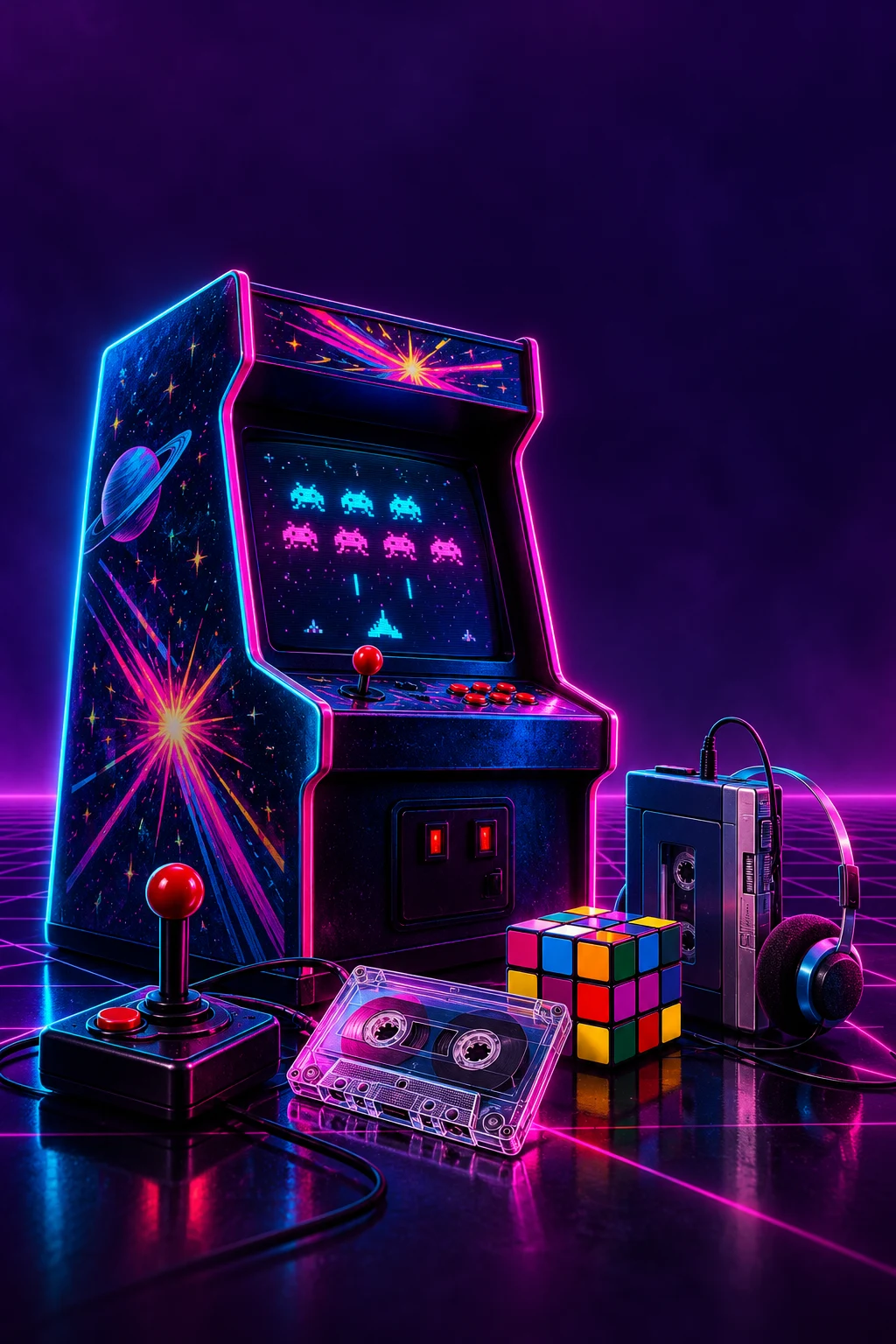 Luzes neon, fliperama e memórias de uma década elétrica.